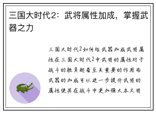 三国大时代2：武将属性加成，掌握武器之力