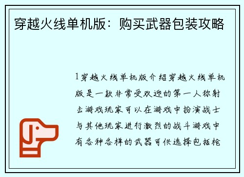 穿越火线单机版：购买武器包装攻略