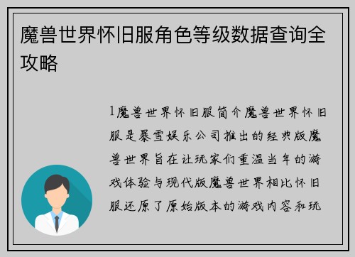 魔兽世界怀旧服角色等级数据查询全攻略
