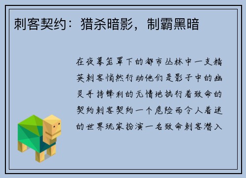 刺客契约：猎杀暗影，制霸黑暗