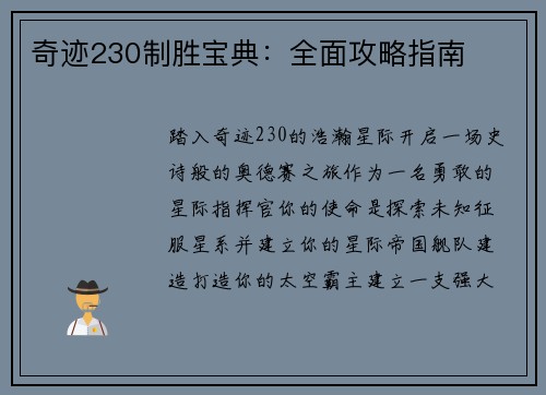 奇迹230制胜宝典：全面攻略指南