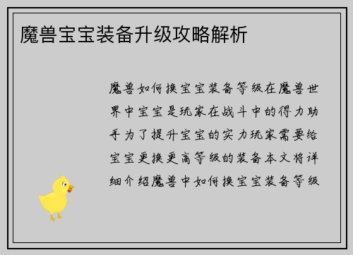 魔兽宝宝装备升级攻略解析
